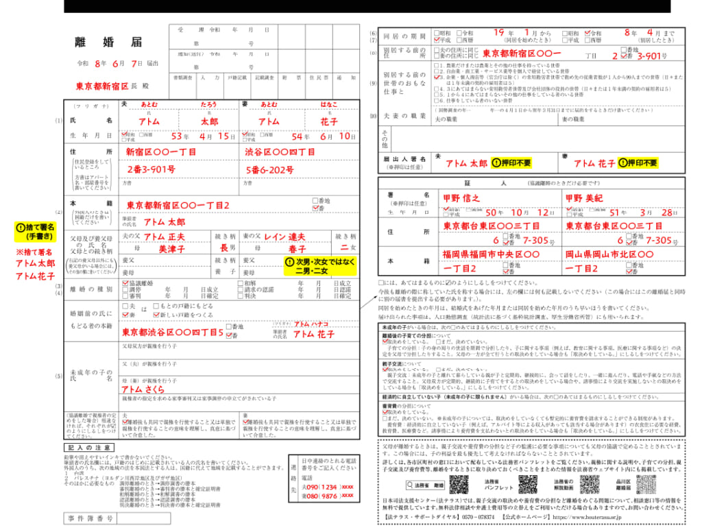離婚届の新様式の記入例