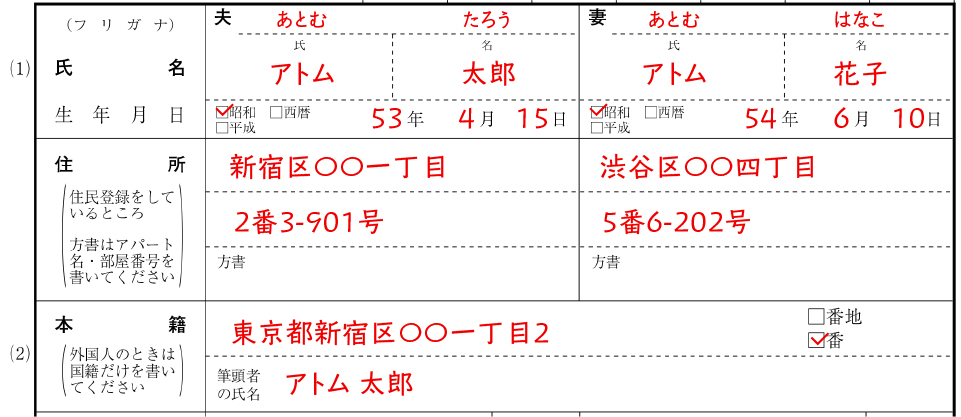 離婚届（新様式）の氏名・住所・本籍の記入例