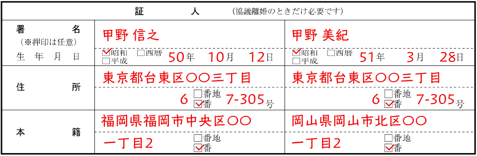 離婚届（新様式）の証人の記入例