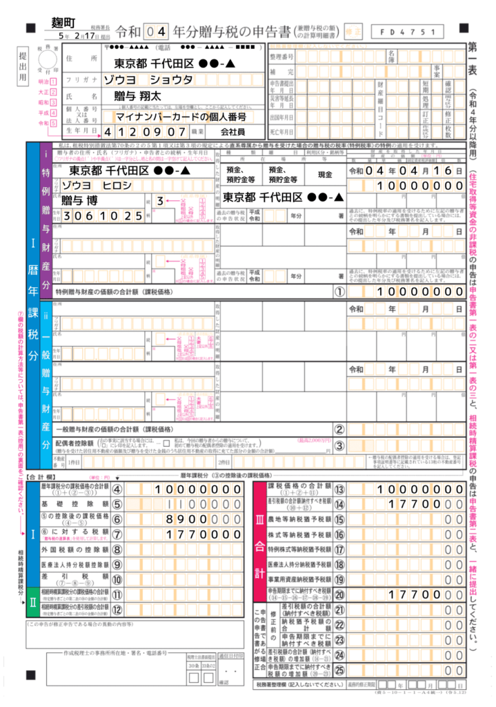 贈与税申告書 第一表記入例